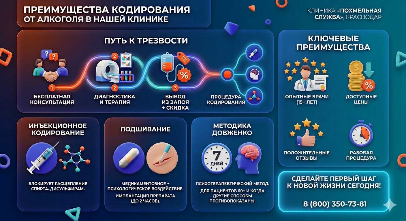 Инфографика о методах кодирования от алкоголя в Зубовой Поляне: инъекции, подшивание, метод Довженко. Преимущества клиники и этапы лечения.