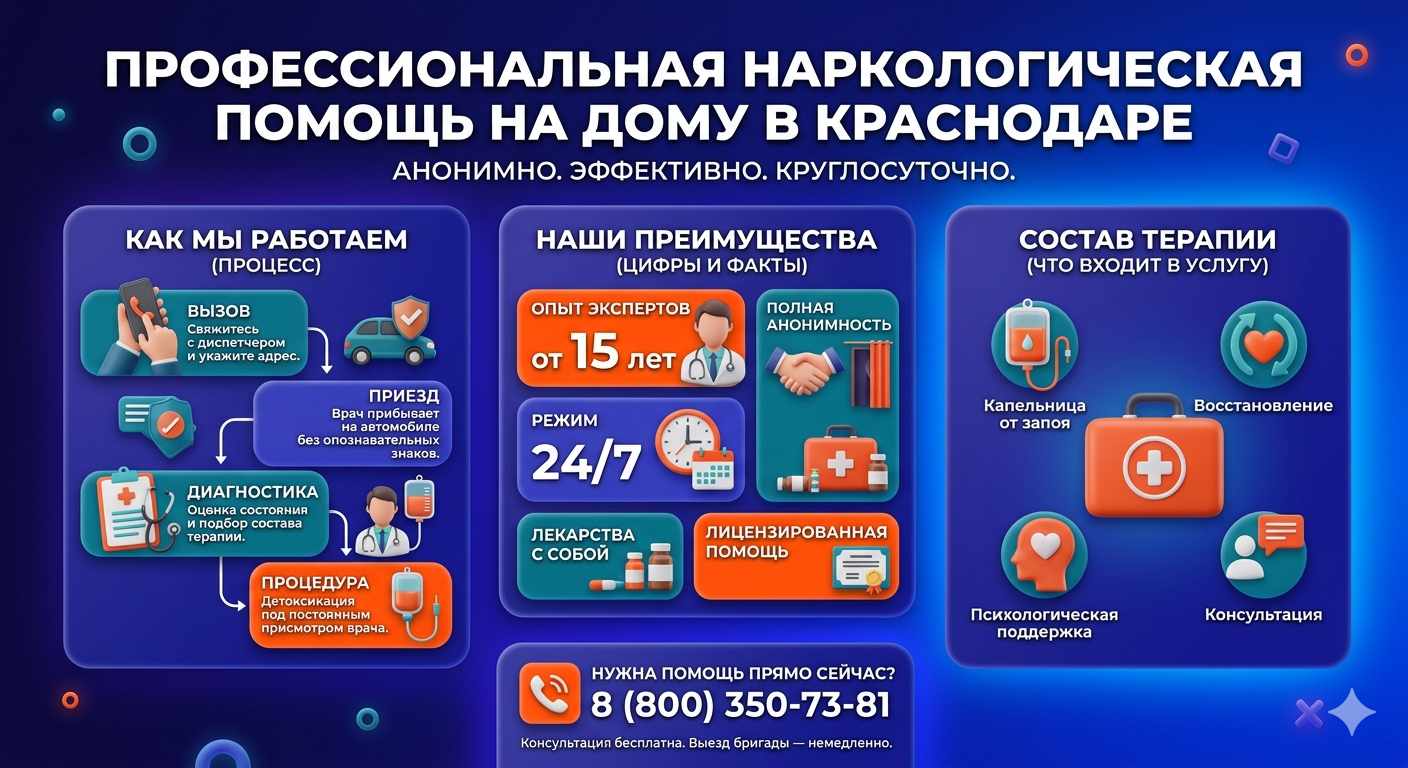 Инфографика о принципах лечения алкоголизма на дому в Зубовой Поляне: этапы вызова нарколога, преимущества анонимной детоксикации и состав медицинской помощи.